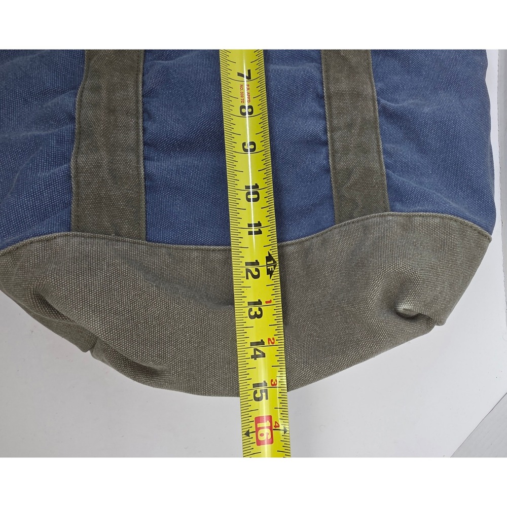 LL Bean Canvas Tote Bag Blue Olive Green Leather Handles Plaid Lining Monogram - Picture 6 of 6